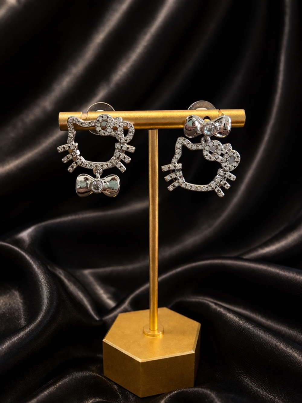 Silver cz kitty Face Drop Earrings with Bows 925 posts